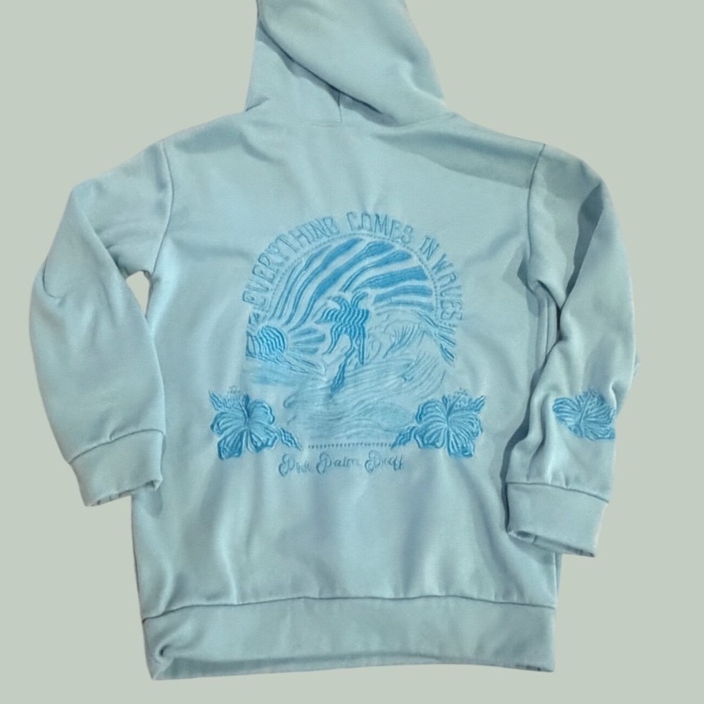 Pink Palm Puff Everything Comes In Waves Hooded Sweatshirt Light Blue Embroider